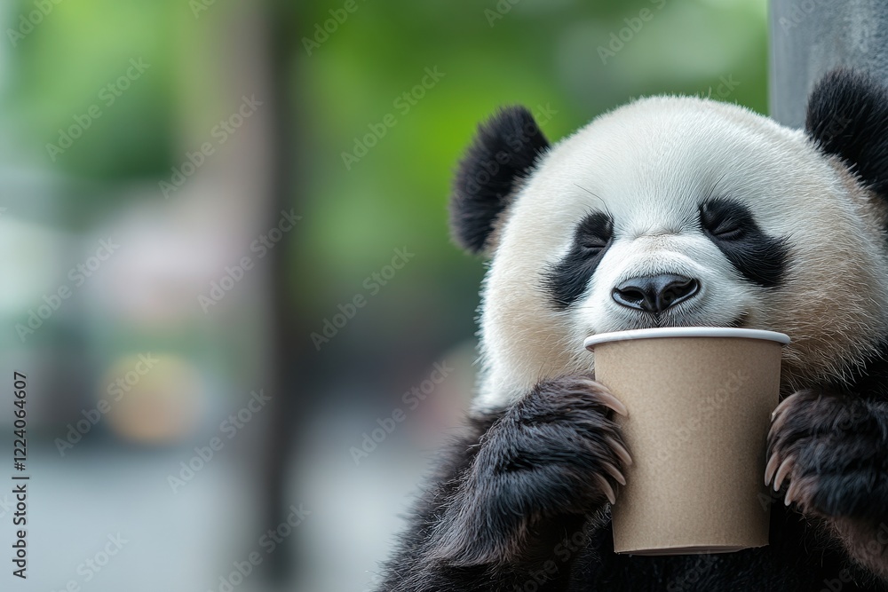 Obraz premium Panda Enjoys a Warm Cup of Milk Tea in a Lush Green Environment