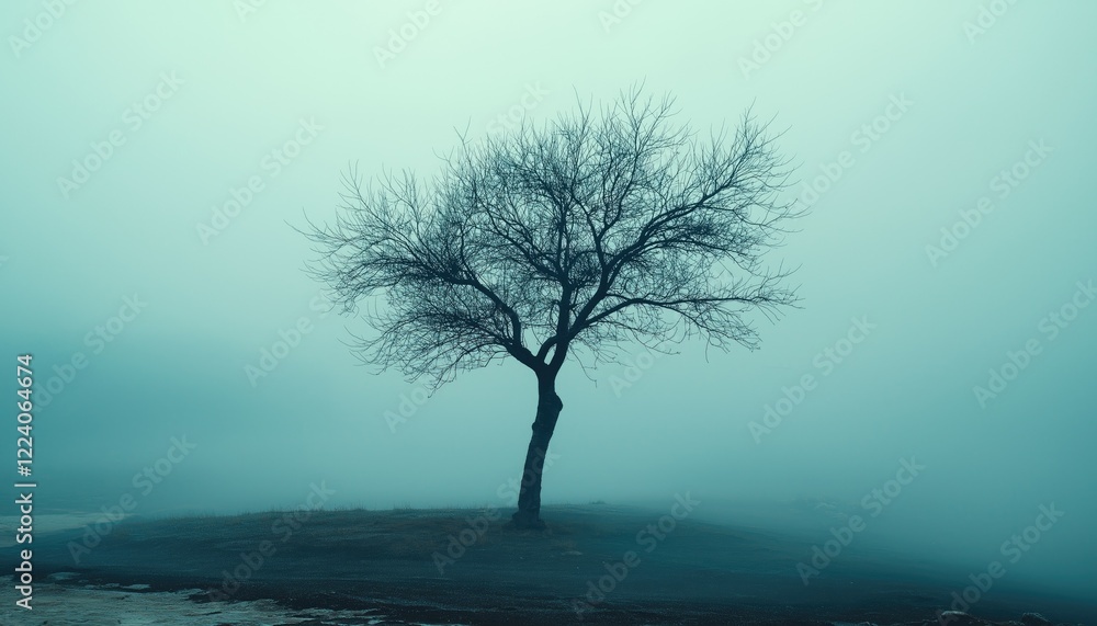 Polluted Air Tree Standing in Dense Foggy Environment Polluted Air Tree Standing in Dense Foggy Environment