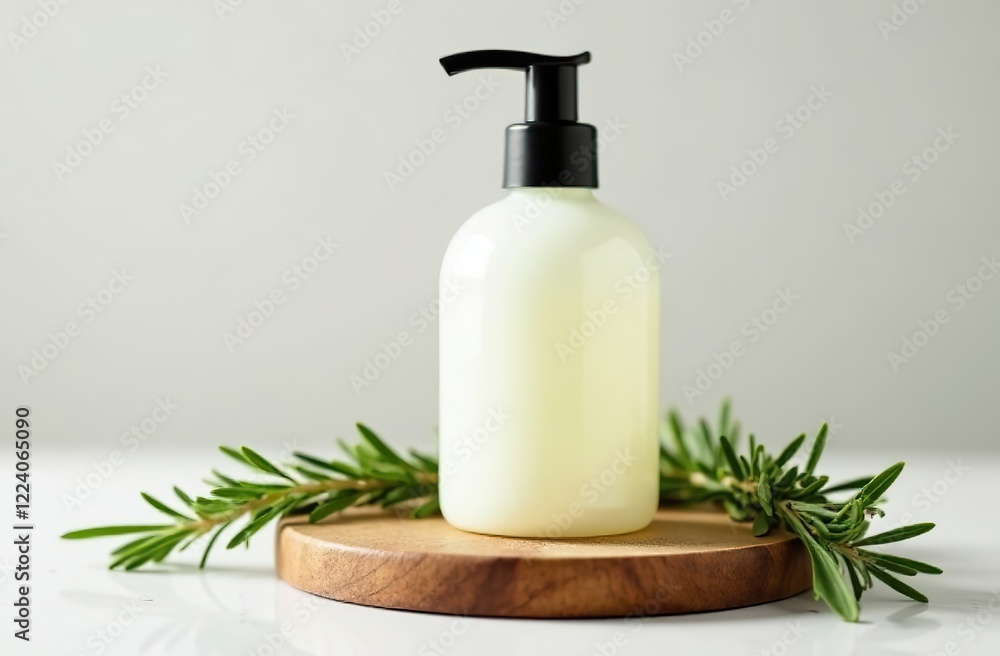 A pump bottle of hand cream on a wooden board, surrounded by sprigs of rosemary and thyme, in a minimalist style with a clean background. Product photography with high resolution, studio lighting, A pump bottle of hand cream on a wooden board, surrounded by sprigs of rosemary and thyme, in a minimalist style with a clean background. Product photography with high resolution, studio lighting,