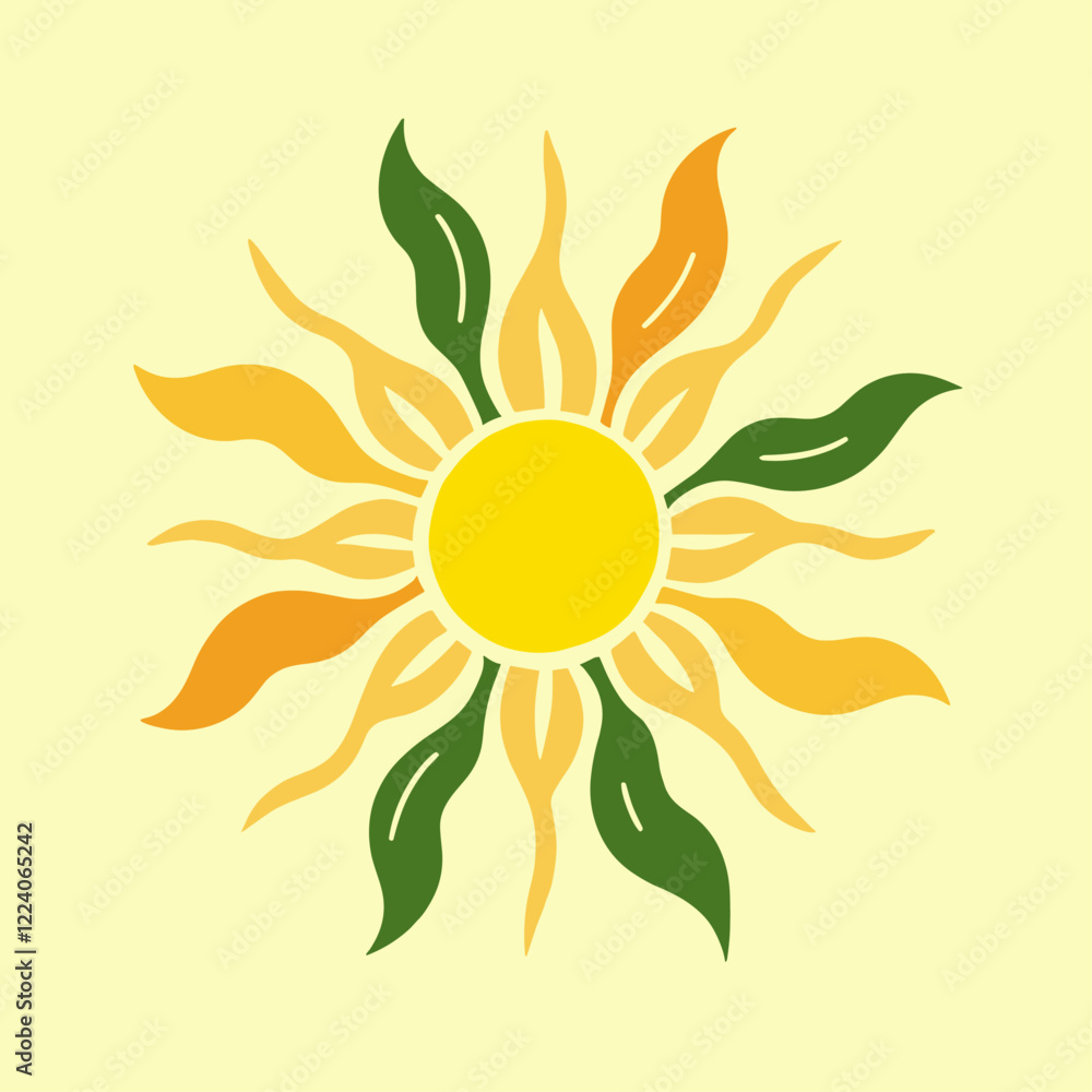 Naklejka premium QD Sketch: Animated Stylized Sun with Botanical Rays in Yellow and Green