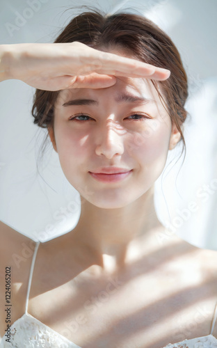 眩しい夏の日差しからを遮るよう、手をかざし目を細めている日本人女性、白背景