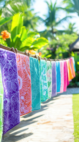 Tropical Clothesline with Scent Waves Swirling in Sunlit Garden, Generative AI photo