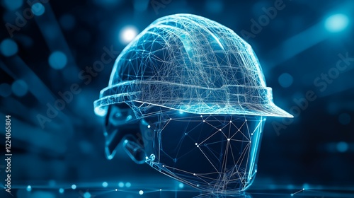 Virtual Network Construction Helmet with Glowing Blue Wireframe Design