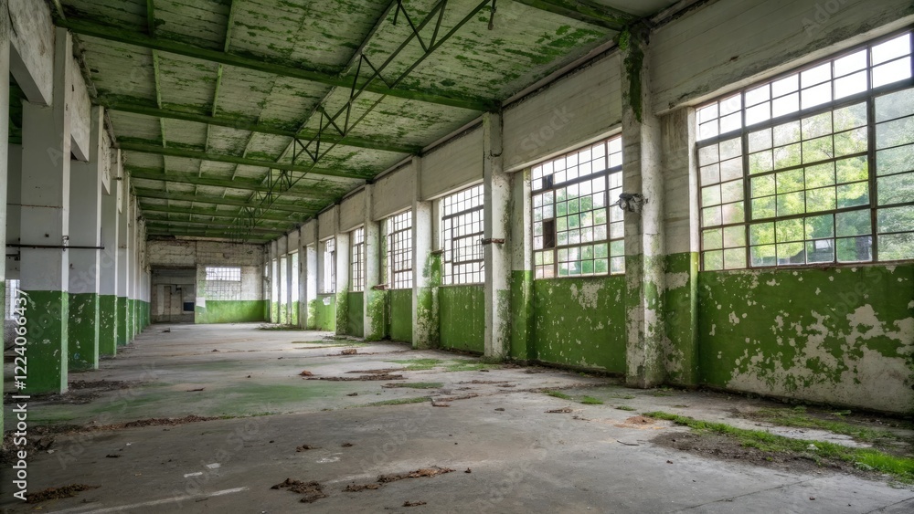 Abandoned factory with green mold on walls, neglected building, toxic environment, abandoned factory, fungal growth, decaying infrastructure Abandoned factory with green mold on walls, neglected building, toxic environment, abandoned factory, fungal growth, decaying infrastructure