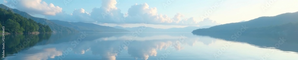 Soft white clouds mirrored on the lake's surface, a serene reflection, peaceful, nature, lake Soft white clouds mirrored on the lake's surface, a serene reflection, peaceful, nature, lake