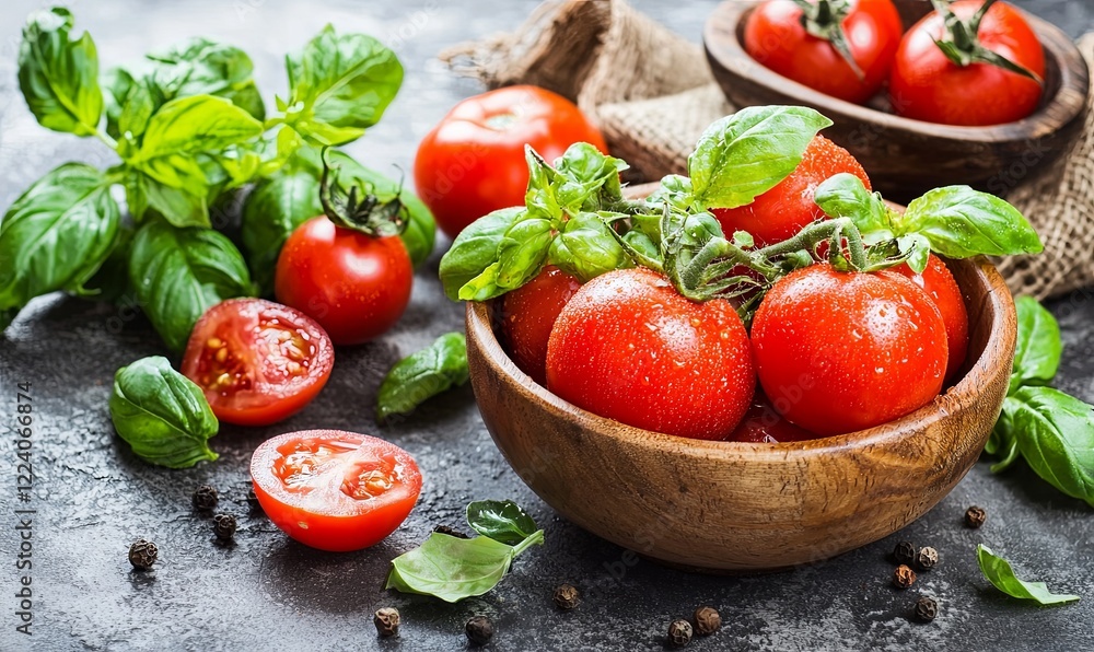 Fresh tomatoes and basil in wooden bowl on dark background, ideal for food blogs Fresh tomatoes and basil in wooden bowl on dark background, ideal for food blogs