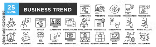 Business Trend icon collection set. Containing design, Automation Solutions, Predictive Analytics, Green Energy, Wellness Tech, Telemedicine