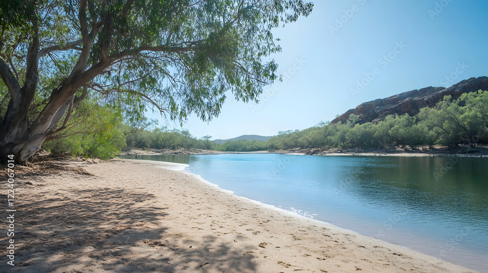 Serene Riverside Landscape with Overhanging Trees and Sandy Beach : Generative AI Serene Riverside Landscape with Overhanging Trees and Sandy Beach : Generative AI