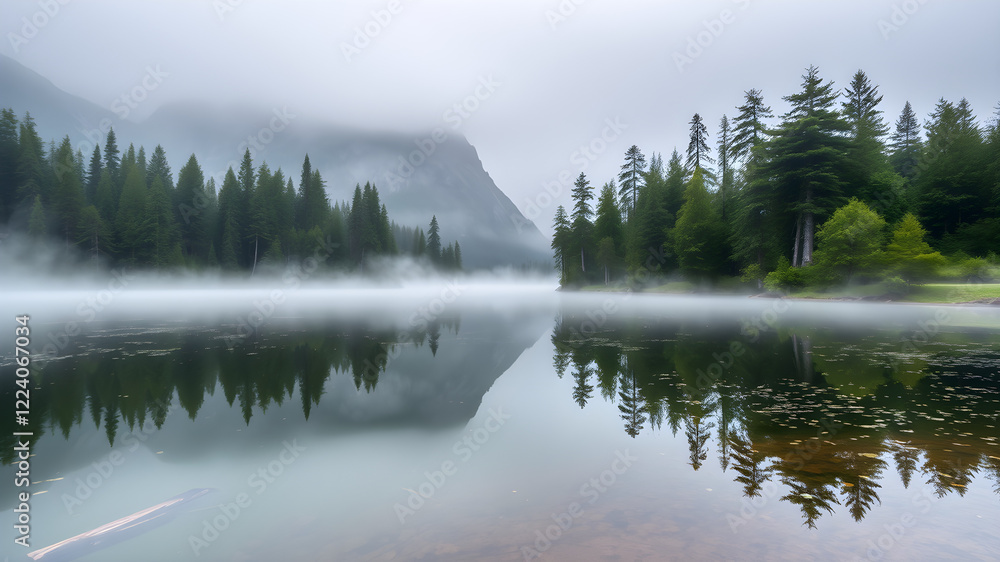 A serene lakeside scene with a blanket of mist rolling across the water, reflecting the surrounding forested mountains A serene lakeside scene with a blanket of mist rolling across the water, reflecting the surrounding forested mountains