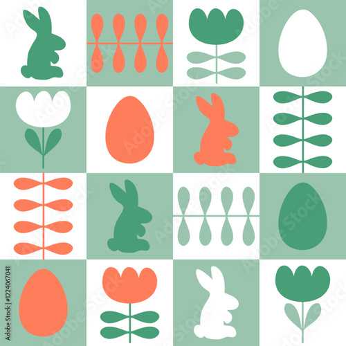 Traditional Easter pattern with rabbits, eggs and tulip flowers in geometric style. Perfect print for poster, card, banner, tablecloth. Great design for any project.