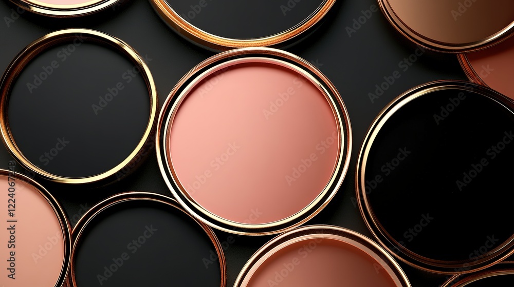 Fototapeta premium Luxurious Geometric Backgrounds in Gold, Rose Gold, and Black Frames: Abstract 3D Circle Backdrops for Cosmetic Products with Ample Copy Space and Top View Perspective