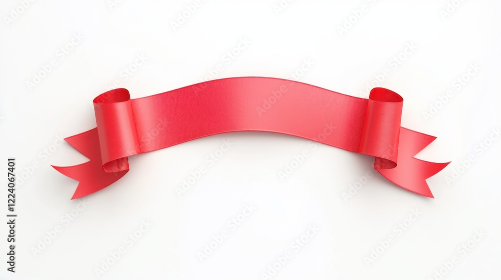 A bright red ribbon banner with curled ends resting on a clean white background, ideal for decoration or announcement purposes. A bright red ribbon banner with curled ends resting on a clean white background, ideal for decoration or announcement purposes.