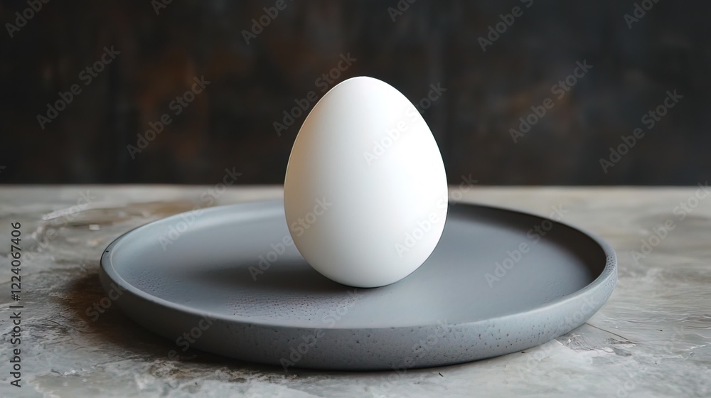 Single white chicken egg on a gray plate against a dark background. Single white chicken egg on a gray plate against a dark background.