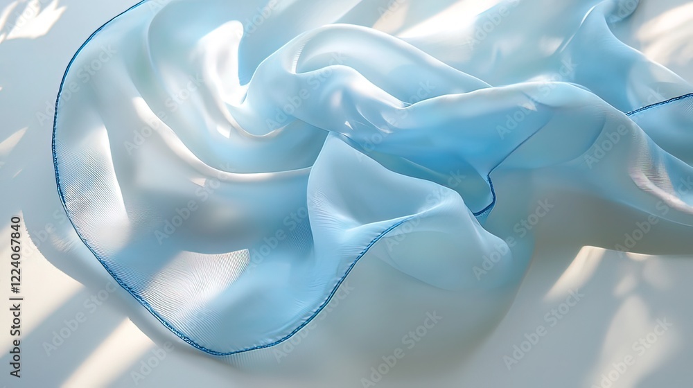 Fototapeta premium Soft light blue silk scarf draped on white surface, showcasing its texture and delicate blue trim.