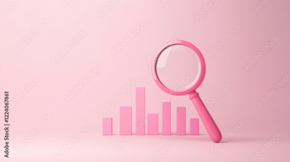 A pink magnifying glass focuses on bar graphs, symbolizing analysis and data insights against a soft pink background. A pink magnifying glass focuses on bar graphs, symbolizing analysis and data insights against a soft pink background.