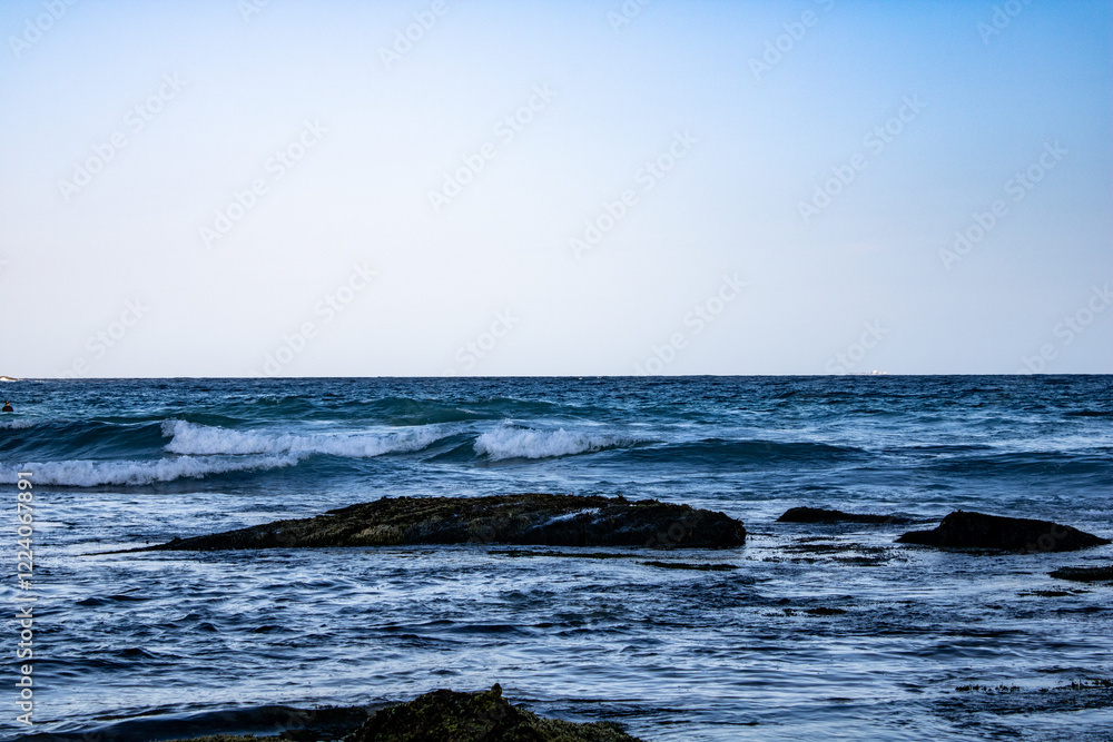 Stunning Bondi Beach, Sydney: Lush green moss-covered rocks in the foreground with waves dramatically splashing in the background. A perfect blend of nature�s serenity and ocean's energy.