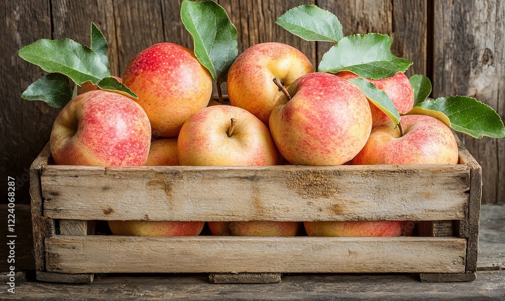 Freshly picked ripe apples in wooden crate against rustic background, ideal for autumn harvest themes
