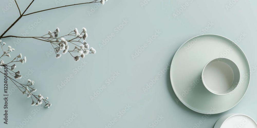 Fototapeta premium A minimalist aesthetic featuring a light mint grey backdrop, Minimalist design elements arranged symmetrically, Modern minimalist style