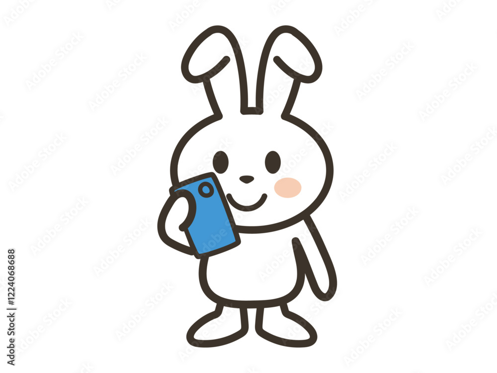 スマホを見るかわいい白いうさぎさんのイラスト スマホを見るかわいい白いうさぎさんのイラスト