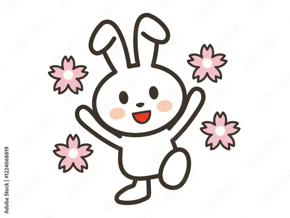 Obraz premium 大喜びするかわいい白いうさぎさんと桜の花びらのイラスト