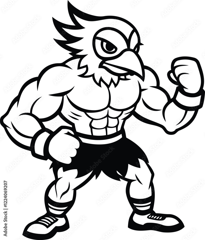 Fototapeta premium Strong angry cartoon eagle or chicken gym vector illustration, Strong angry cartoon eagle or chicken silhouette, Strong angry cartoon eagle or chicken line art vector