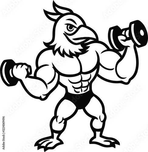 Strong angry cartoon eagle or chicken weightlifting vector illustration, Strong angry cartoon eagle or chicken silhouette, Strong angry cartoon eagle or chicken line art vector