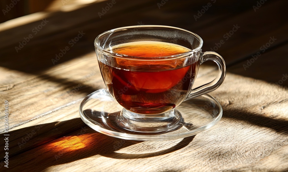 Glass teacup on rustic wooden table in sunlit room, perfect for beverage or cafe promotion Glass teacup on rustic wooden table in sunlit room, perfect for beverage or cafe promotion