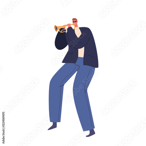 Male Character Playing Trumpet or Horn during Jazz Band Entertainment or Concert Isolated on White Background