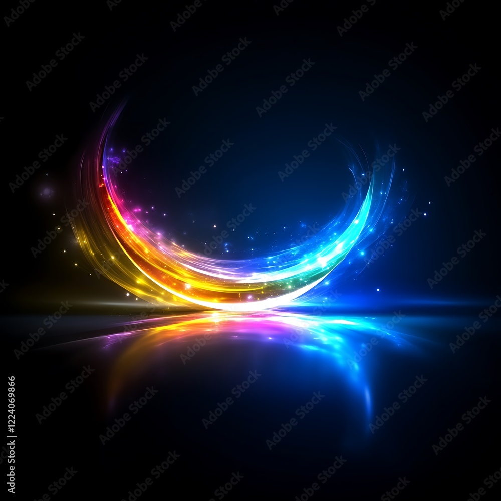 Fototapeta premium Colorful light swirl, dark background, reflection, energy, abstract design