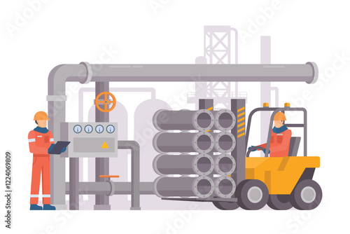 Oil and Gas Industry Workers Maintaining and Repairing Pipelines. Fully Editable Elements, Easy to Customize