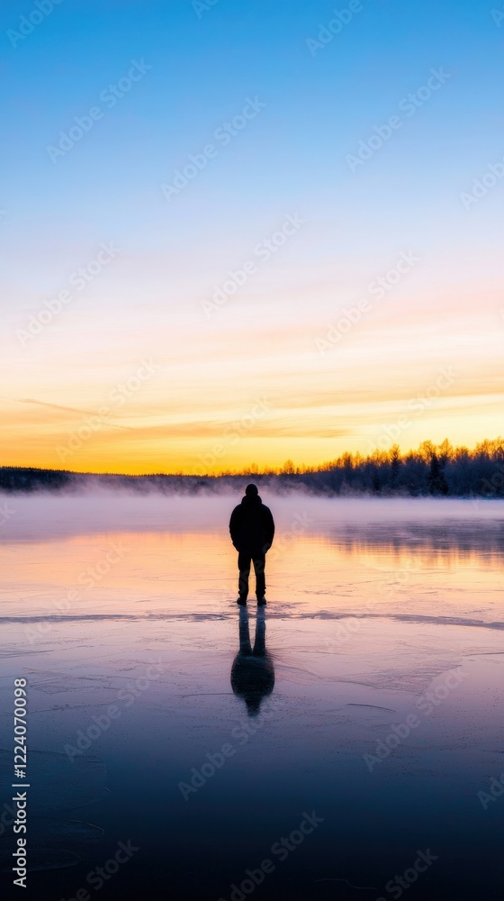Solitary Figure Standing on Frozen Lake During Sunrise with Vibrant Colors and Tranquil Atmosphere Solitary Figure Standing on Frozen Lake During Sunrise with Vibrant Colors and Tranquil Atmosphere