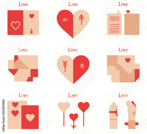 A modern array of geometric love icons featuring hearts and patterns, predominantly in red and beige, depicting affection symbols in a clean and minimalist style over