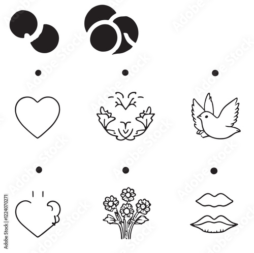 A series of decorative tags featuring line art designs of love and nature symbols, including hearts, flowers, and birds, perfect for crafting, art projects, or gift embellishments displayed 