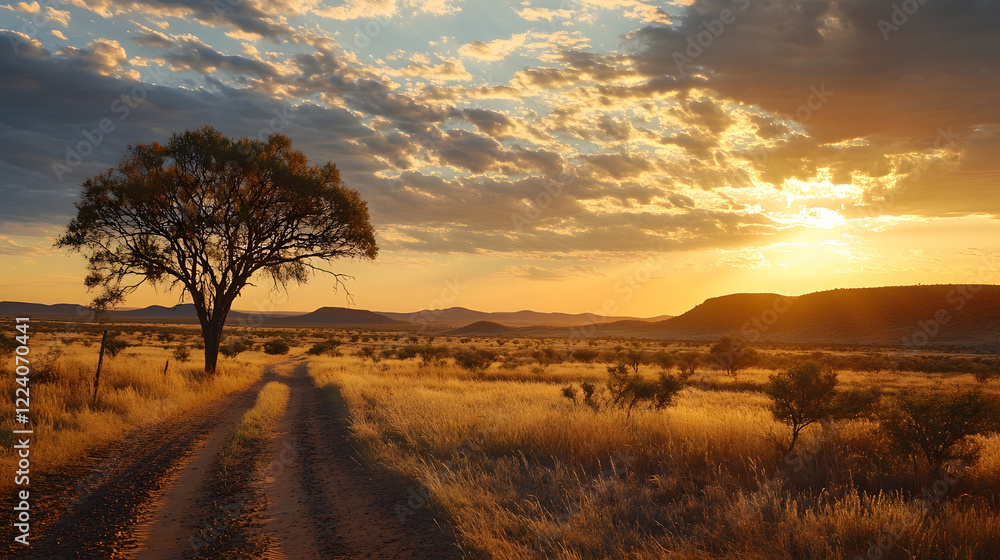 Expansive African Savanna Landscape with Tree and Golden Sunset : Generative AI Expansive African Savanna Landscape with Tree and Golden Sunset : Generative AI
