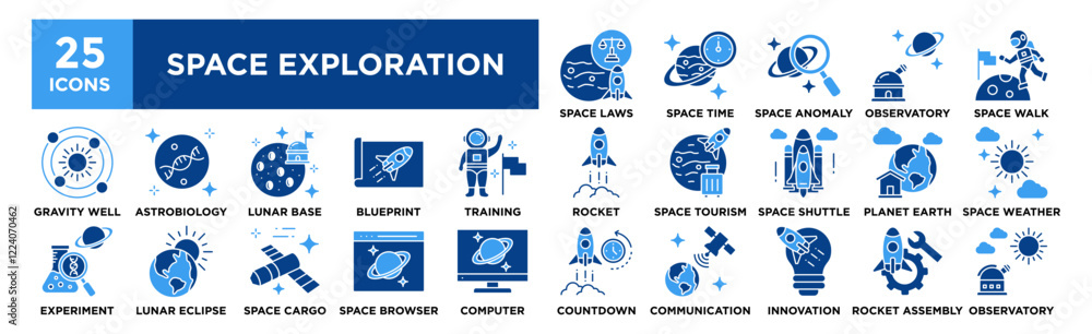 Space Exploration icon collection set. Containing design Space Time, Space Laws, Space Anomaly, Space Observatory, Space Walk Space Exploration icon collection set. Containing design Space Time, Space Laws, Space Anomaly, Space Observatory, Space Walk