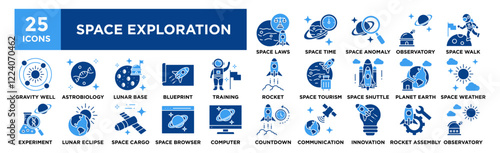 Space Exploration icon collection set. Containing design Space Time, Space Laws, Space Anomaly, Space Observatory, Space Walk	
