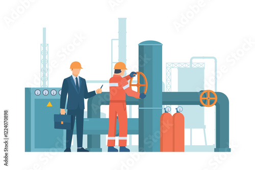 Oil and Gas Industry Workers Maintaining and Repairing Pipelines. Fully Editable Elements, Easy to Customize