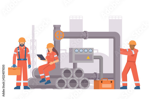 Oil and Gas Industry Workers Maintaining and Repairing Pipelines. Fully Editable Elements, Easy to Customize