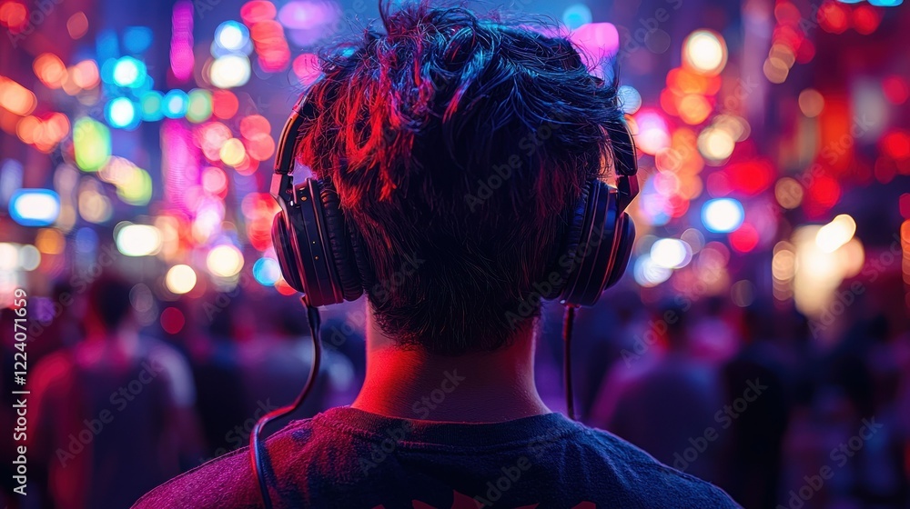 Lost in the Rhythm: A Man Enjoys Music Amidst Vibrant City Lights Lost in the Rhythm: A Man Enjoys Music Amidst Vibrant City Lights