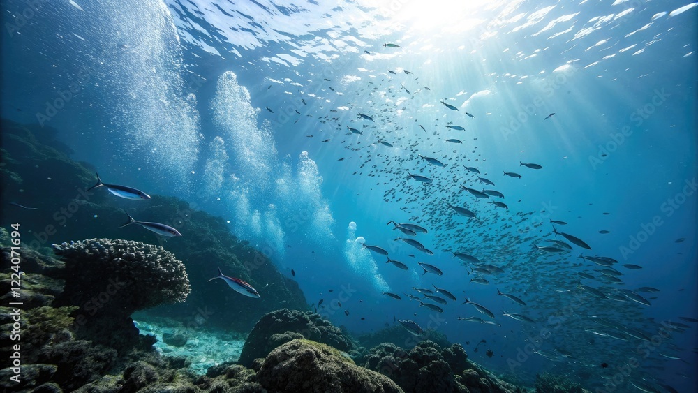 A stunning underwater world with schools of tiny fish and sparkling blue water drops, sparkle, aquatic, shine, marine life, aquatic scene A stunning underwater world with schools of tiny fish and sparkling blue water drops, sparkle, aquatic, shine, marine life, aquatic scene