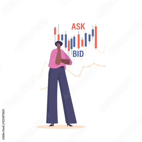 Pensive Woman Trader Character Contemplating The Fluctuations Of The Ask-bid Graph, Pondering Cryptocurrency Market