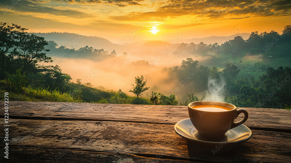 Serene sunrise over misty hills with a steaming cup of coffee on a wooden table in the foreground Serene sunrise over misty hills with a steaming cup of coffee on a wooden table in the foreground
