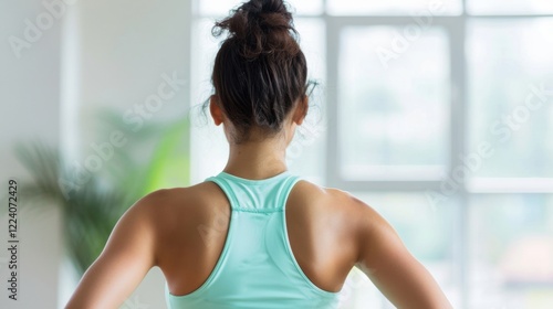 Free Download A fit woman in sportswear stretches and prepares for her workout, showcasing her strong physique in a bright indoor environment - GFXLoad