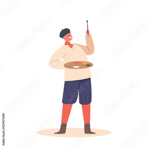 Child In Artist Cap Stand With Palette And Bush Isolated On White Background. Little Boy Character Drawing In Art Studio