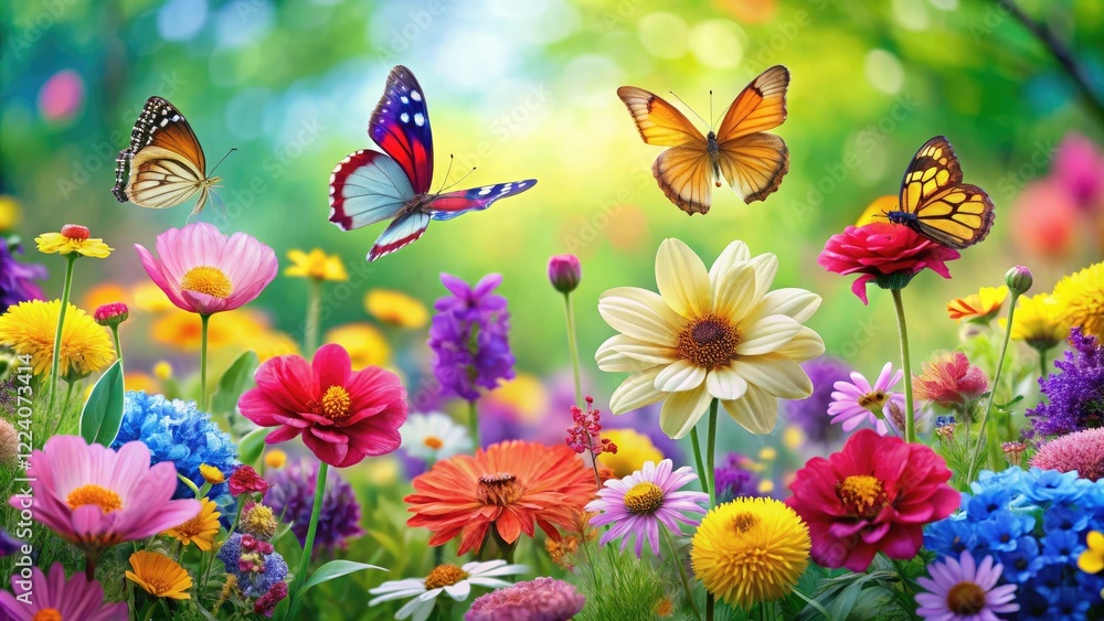 Fototapeta premium A vibrant and playful scene of a garden full of bright flowers and butterflies, landscape, wildlife, flowers, playful, nature