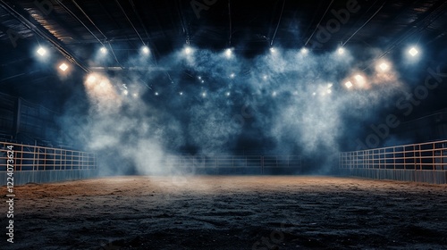 Smoky, dimly lit arena with wooden rails.