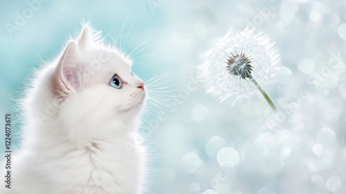 A fluffy white cat gazes curiously at a dandelion puff floating in soft blue light, creating a tranquil and enchanting moment photo