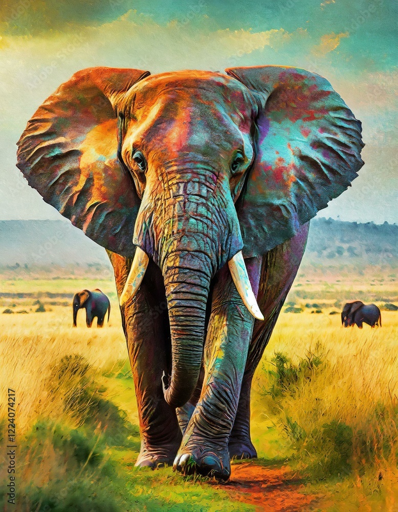 Fototapeta premium A vibrant portrayal of animals, from domestic pets like cats and dogs to majestic wildlife like lions, elephants, and monkeys.
