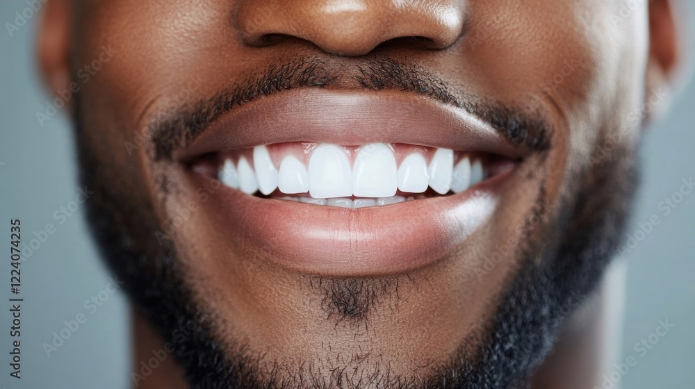 Fototapeta premium Close-up view highlighting a man's bright white smile, representing joy and confidence against a neutral background