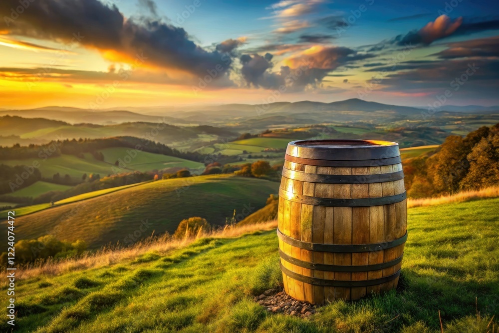 Obraz premium A whiskey barrel standing alone on a hill overlooking a serene landscape, hills, peaceful atmosphere, outdoor scenery, wooden barrels